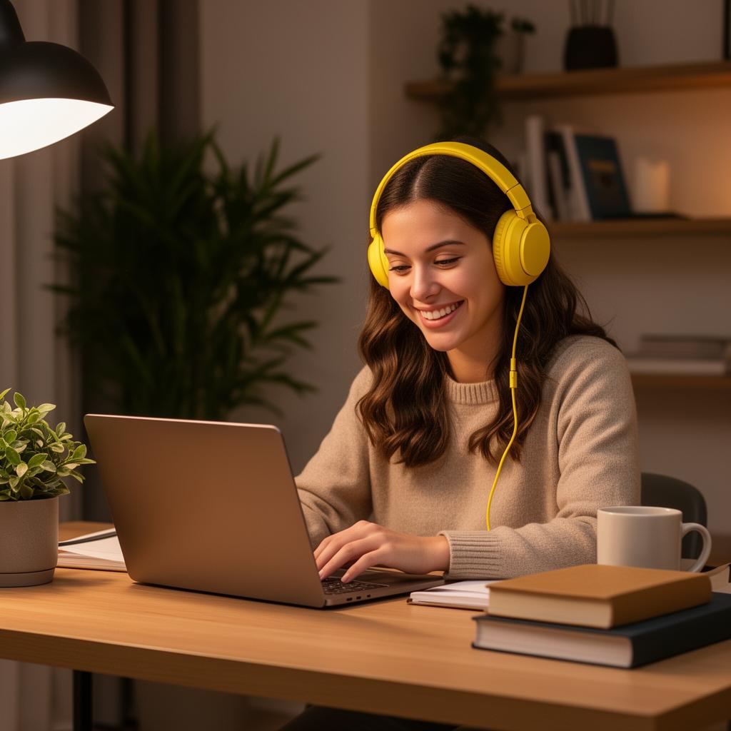 Aluna estudando online com headphones amarelos